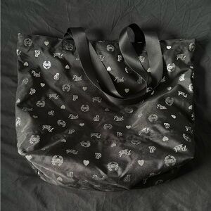 Black Victorias Secret PINK Tote Bag with Heart and Logo Pattern